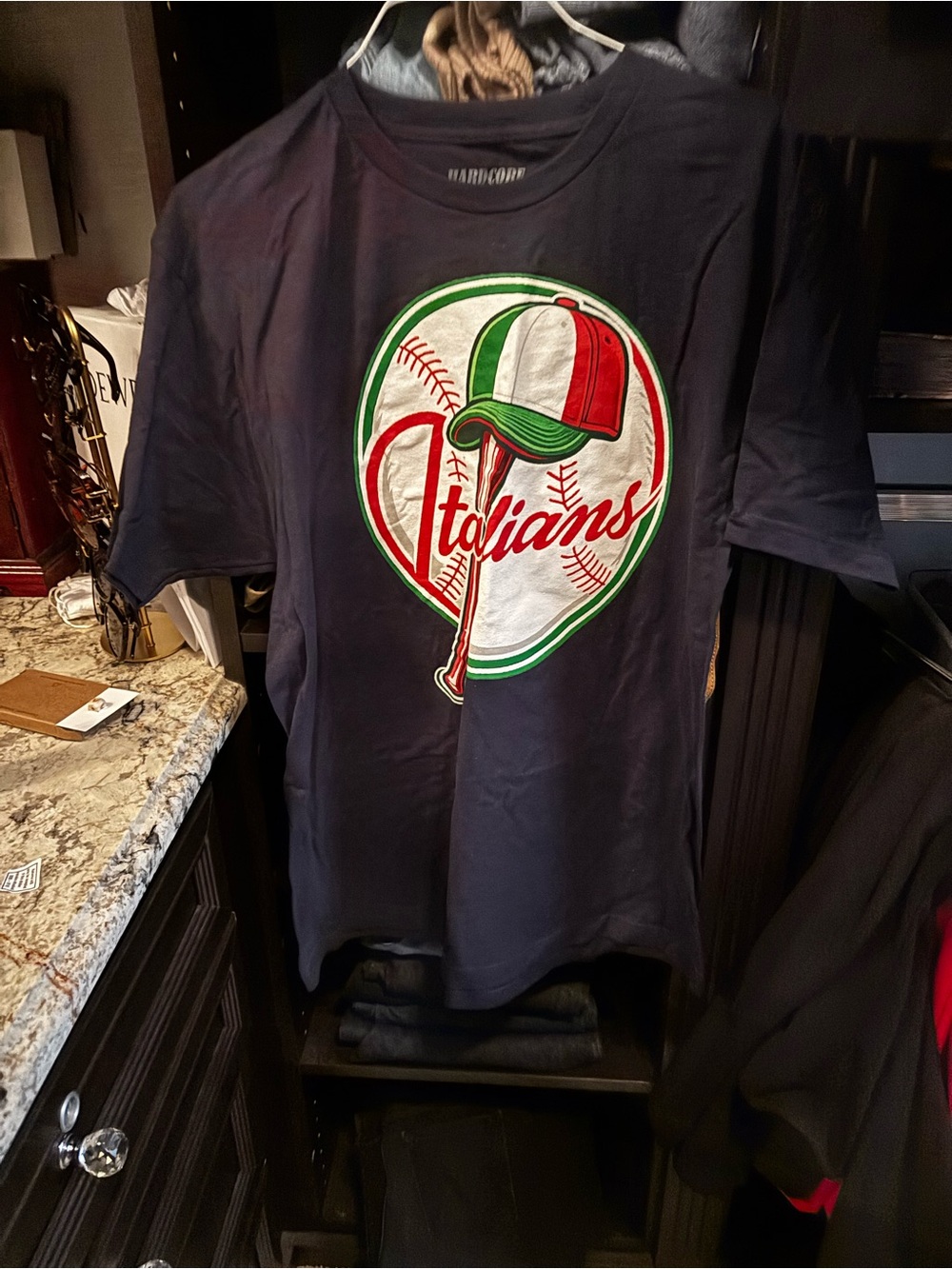 Hardcore Italians Retro Baseball Logo Graphic Tee - Navy Blue